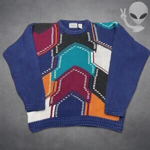 Duplex Knit Sweater Large Blue Multicolor Vintage 80s Pullover